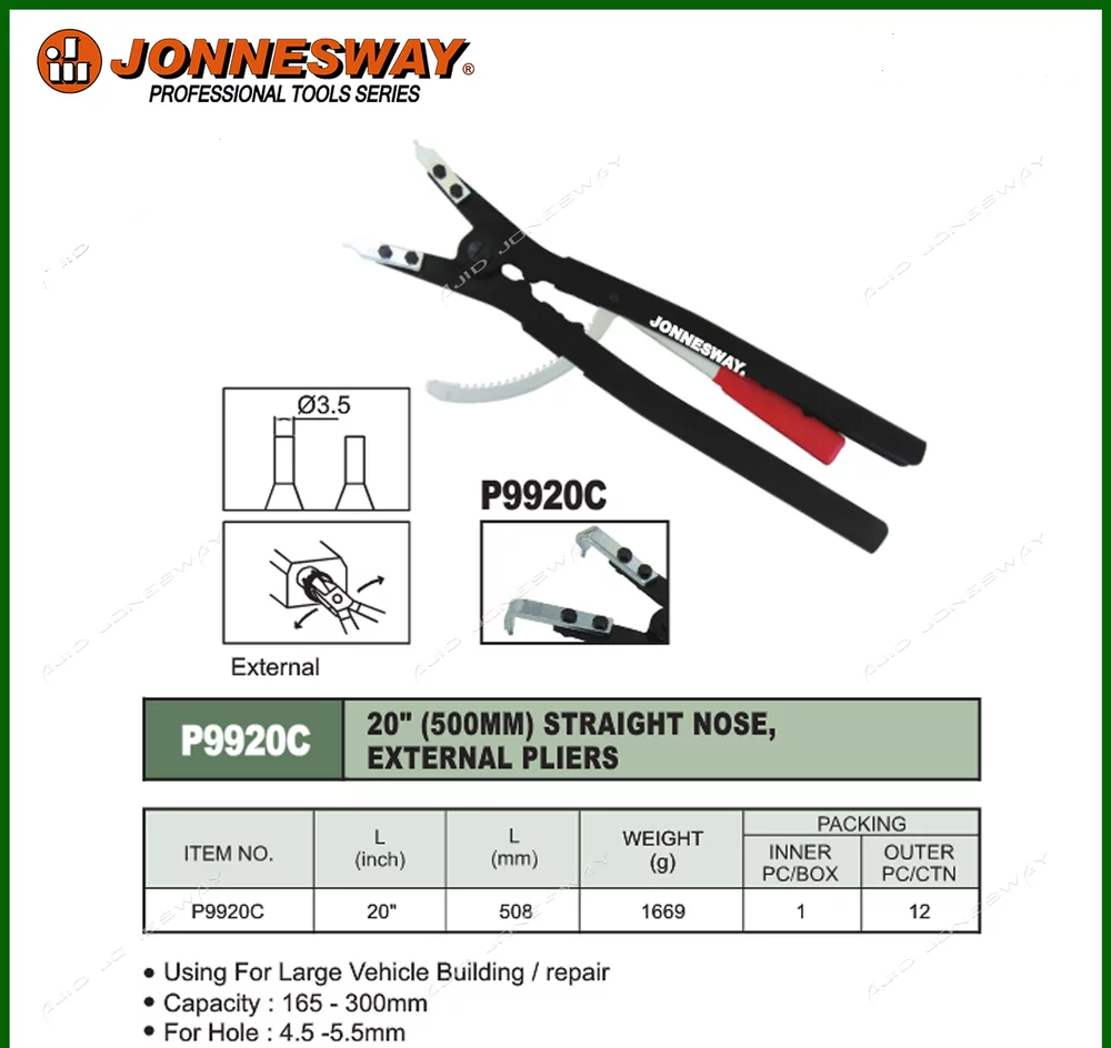 20"(500MM) STRAIGHT NOSE EXTERNAL PLIERS W/ BENT TIPS P9920CS - Click Image to Close