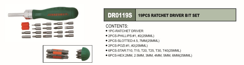 JONNESWAY DR0119S 19 PCS RATCHET DRIVER BIT SET - Click Image to Close