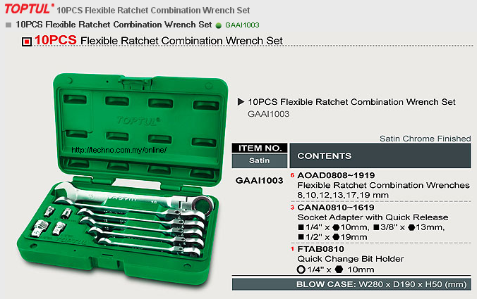 TOPTUL 10Pcs Flexible Ratchet Combination Wrench Set (GAAI1003)