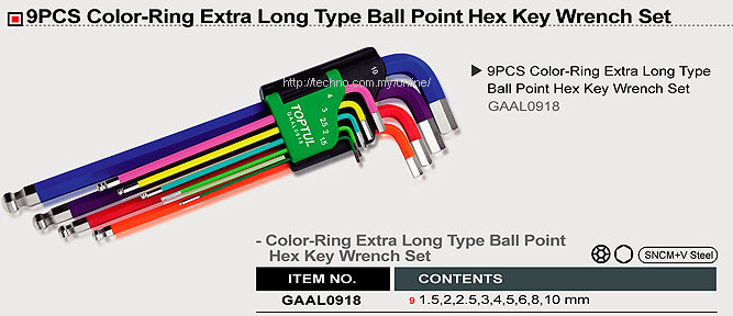 TOPTUL 9PCS RAINBOW EXTRA LONG BALL POINT HEX KEY WRENCH SET - Click Image to Close