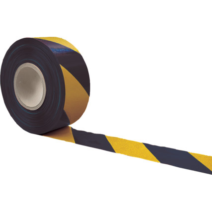 75mmx500M BLACK/YELLOW BARRIER TAPE IN DISPENSER - Click Image to Close