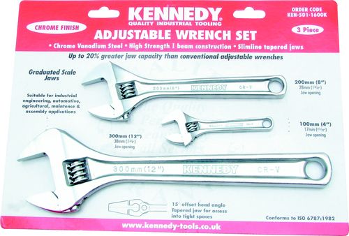 SET 4"/8"/12" CHROME FINISH ADJUSTABLE WRENCHES - Click Image to Close