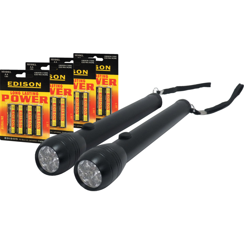 2 x LED BLACK TORCHES C/W 4-PKSAA BATTERIES KIT EDI9042923K