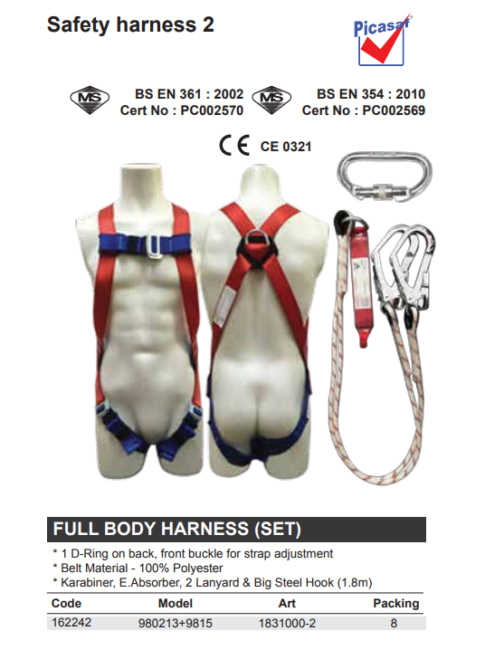 Picasaf Full Body Harness with Double Lanyard, Large Hook
