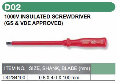 1000V INSULATED SCREWDRIVER SIZE: 0.8 X 4.0 X 100MM