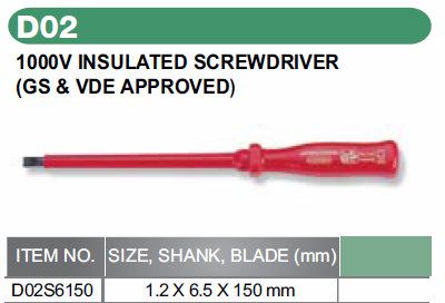 1000V INSULATED SCREWDRIVER SIZE: 1.2 X 6.5 X 150MM