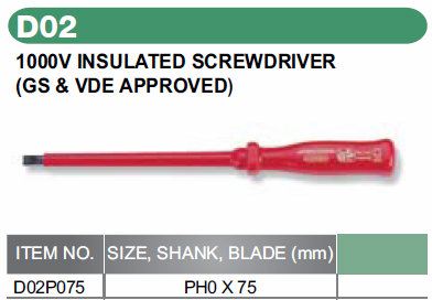 1000V INSULATED SCREWDRIVER SIZE: PH0X75