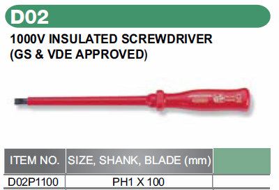 1000V INSULATED SCREWDRIVER SIZE: PH1x100