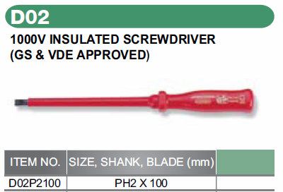 1000V INSULATED SCREWDRIVER SIZE: PH2X100