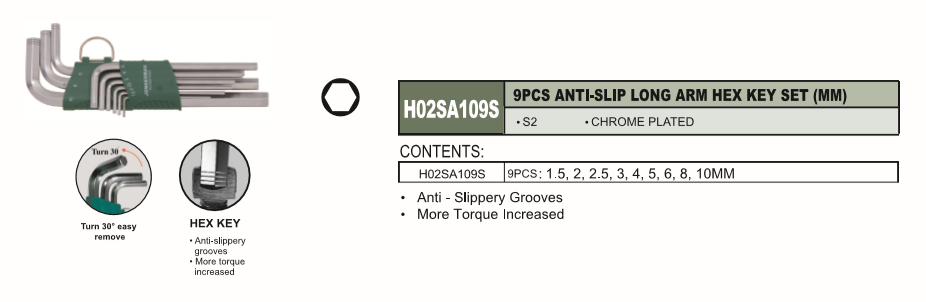 9pcs ANTI-SLIP LONG ARM HEX KEY SET (MM) - H02SA109S