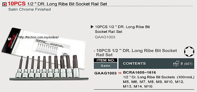 TOPTUL 10PCS 1/2"DR LONG RIBE BITS SOCKET RAIL SET (GAAG1003)